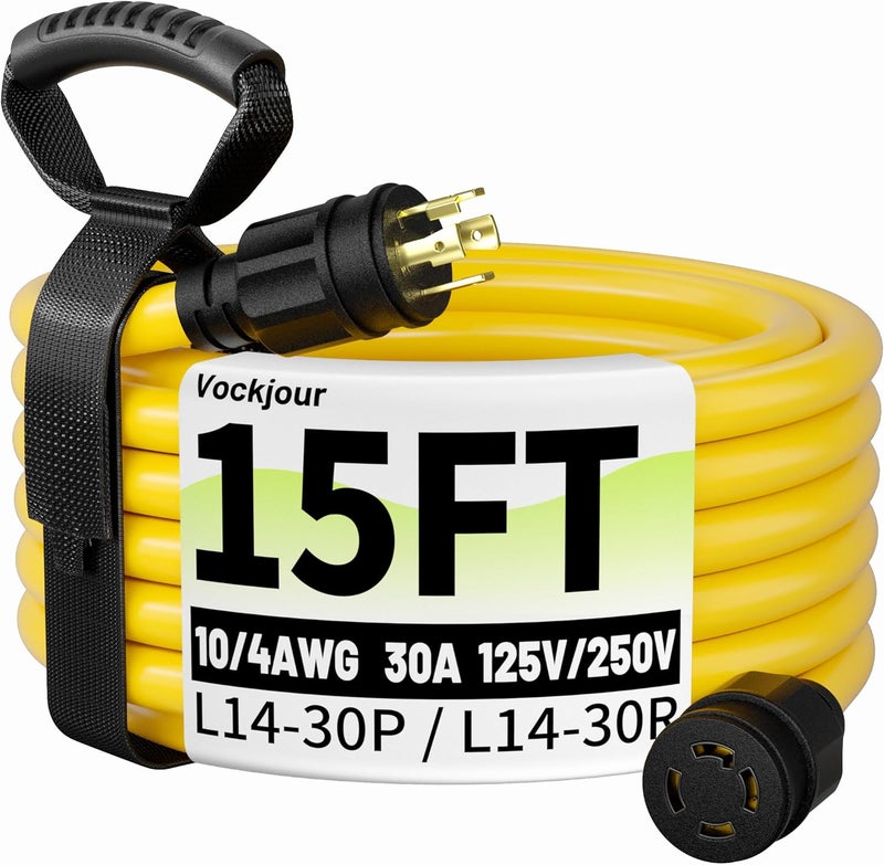 Vockjour 15FT 30 Amp Generator Cord, Outdoor Heavy Duty 4 Prong Extension Cord with Twist Lock, NEMA L14-30P/L14-30R, 30A 125/250V, 10 Gauge, STW, for Home Emergencies, RVs, ETL Listed, Yellow - Image 1